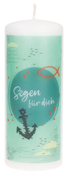 Kleine Stumpenkerze aus Wachs mit Spruch "Segen für dich" umgeben von maritimen Symbolen
