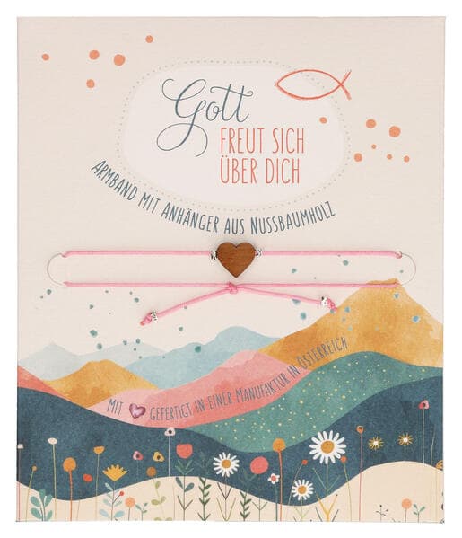 Textil-Armband mit Herz aus Nussholz: Gott freut sich über dich