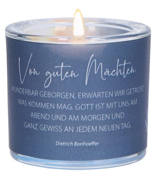 LichtMoment "Von guten Mächten" Glas-Windlicht mit Bonhoeffer-Zitat