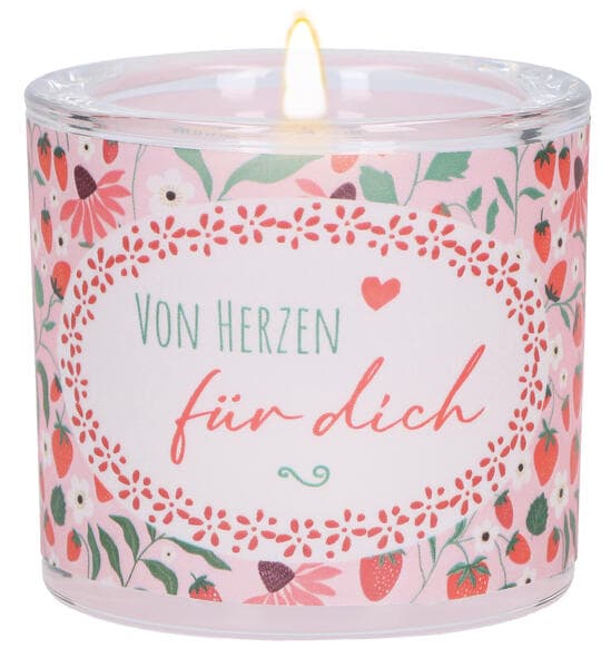 "Von Herzen für dich" Glas-Windlicht mit Erdbeermotiv in Rosa