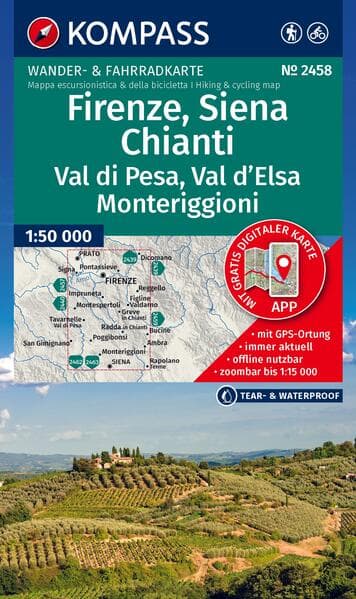 KOMPASS Wanderkarte 2458 Firenze, Siena, Chianti, Val di Pesa, Val d'Elsa, Monteriggioni 1:50.000