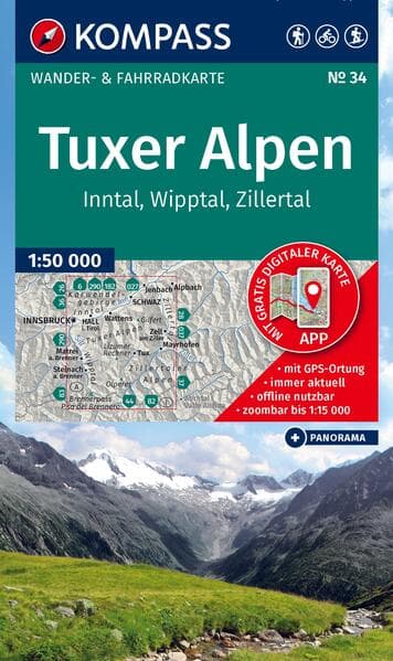 KOMPASS Wanderkarte 34 Tuxer Alpen, Inntal, Wipptal, Zillertal 1:50.000