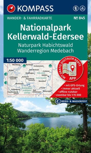 KOMPASS Wanderkarte 845 Nationalpark Kellerwald-Edersee, Naturpark Habichtswald, Wanderregion Medebach 1:50.000