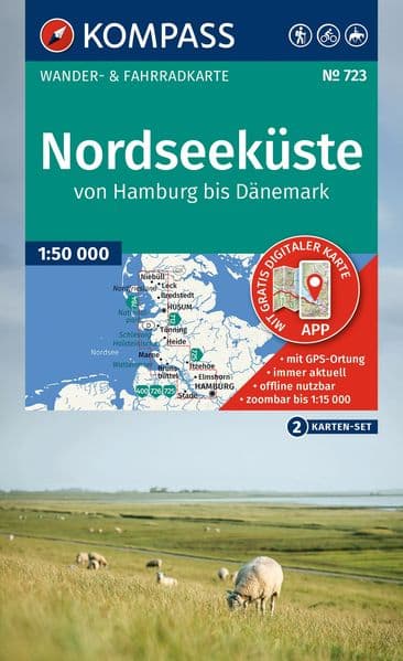 KOMPASS Wanderkarten-Set 723 Nordseeküste von Hamburg bis Dänemark (2 Karten) 1:50.000