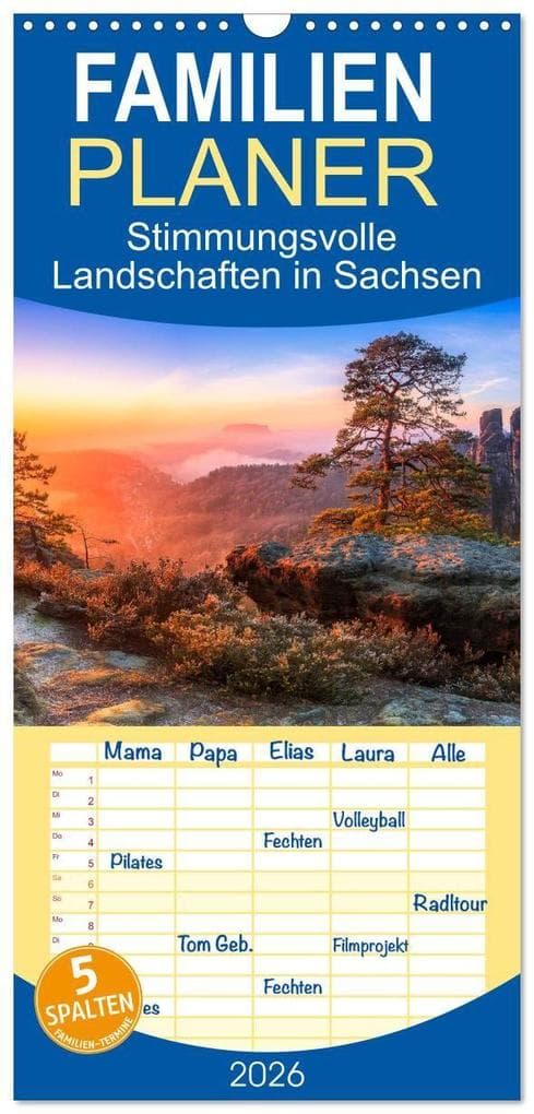 Familienplaner 2026 - Stimmungsvolle Landschaften in Sachsen mit 5 Spalten (Wandkalender, 21 x 45 cm) CALVENDO