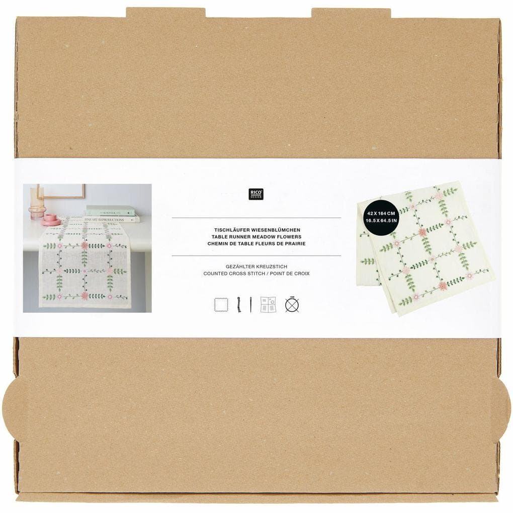 Stickpackung, Gezählter Kreuzstich Tischläufer Wiesenblümchen, 42 x 164 cm, 100% Leinen