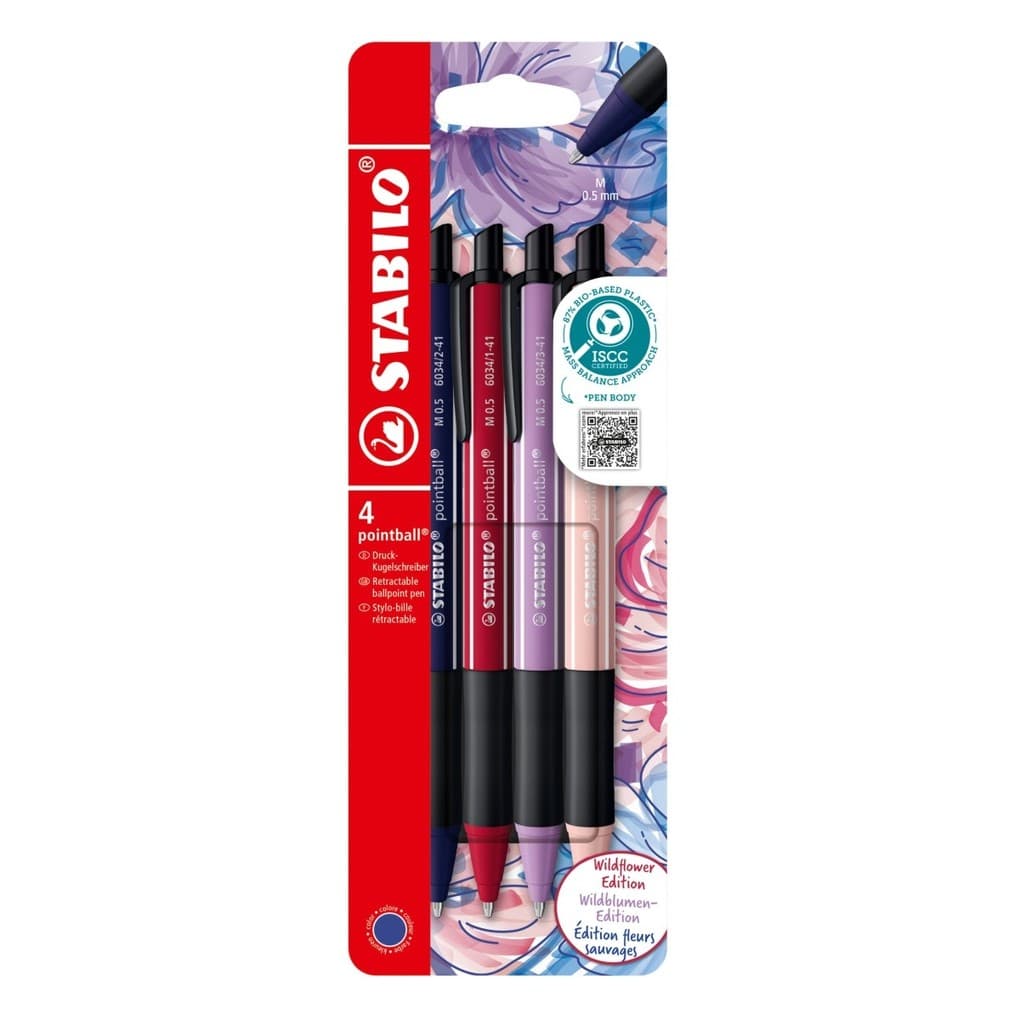 STABILO Druck-Kugelschreiber pointball NatureCOLORS Wildflower Edition 4er Set, burgunderrot, preußischblau, grauviolett, rouge