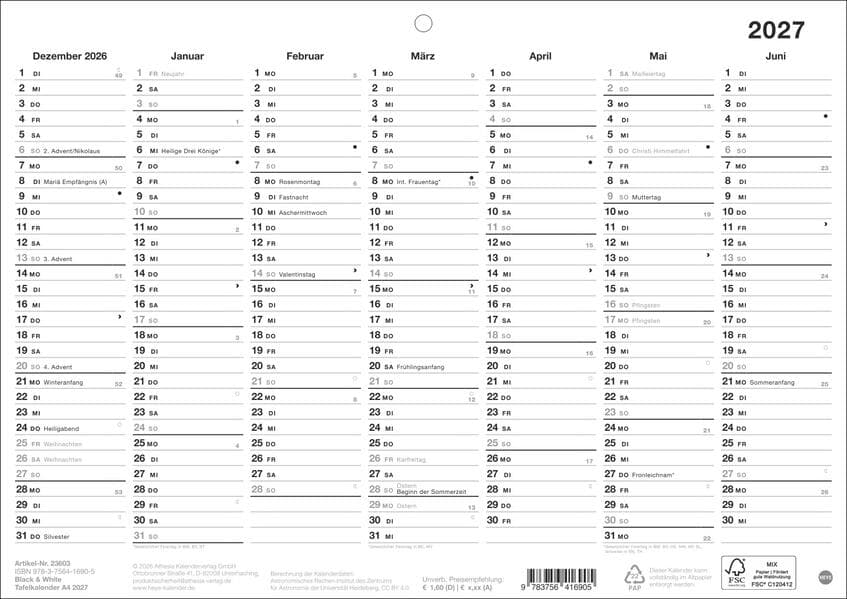 Black&White Tafelkalender A4 2027