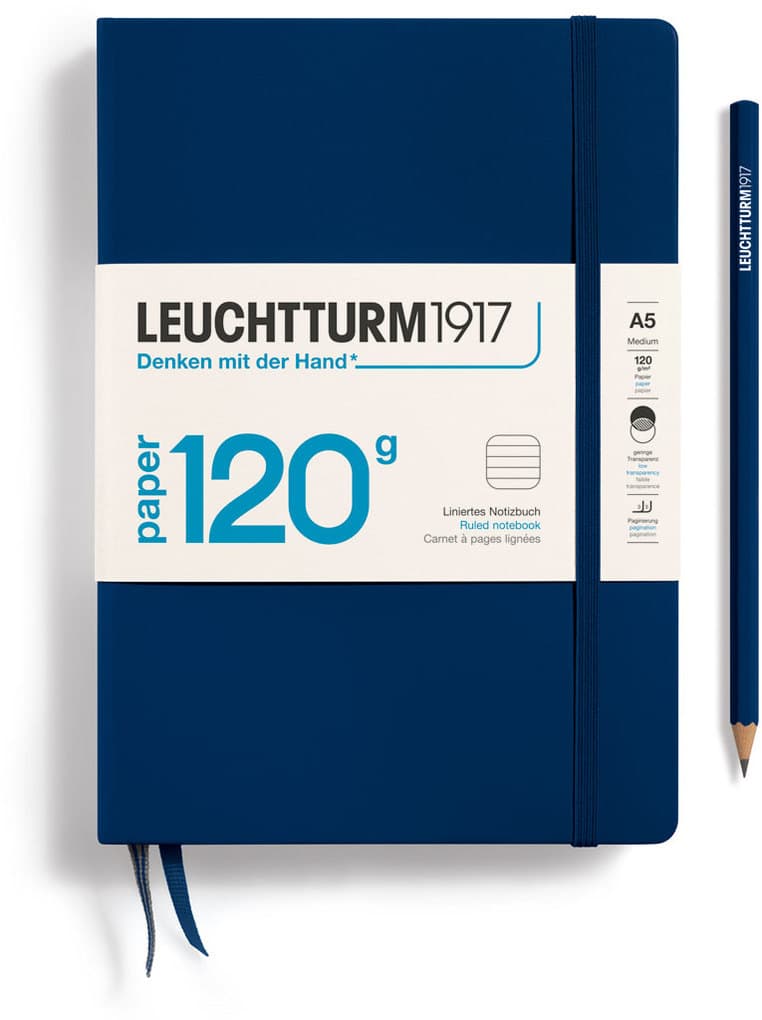 Notizbuch Medium (A5), 120g Edition, Hardcover, 203 nummerierte Seiten, Marine, liniert