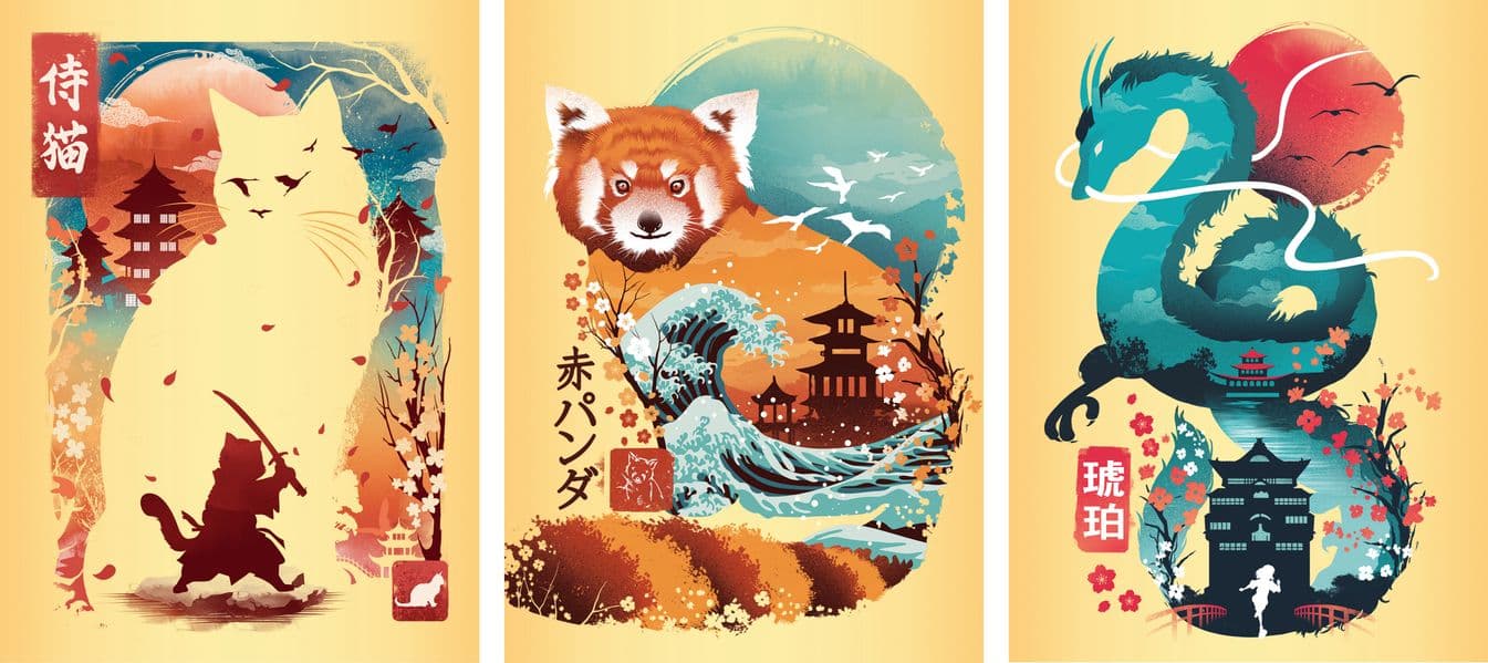 Minipuzzle-Trio 100 Teile - Ukiyo-e Katzenkrieger, Roter Panda & Drache