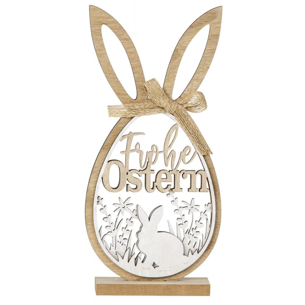 Holz-Osterhasen-Ei "Frohe Ostern" zum Stellen h=23