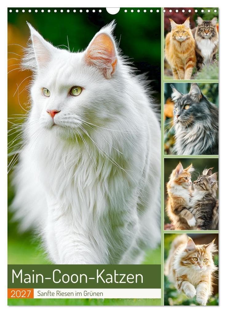 Main-Coon-Katzen. Sanfte Riesen im Grünen (Wandkalender 2027 DIN A3 hoch), CALVENDO Monatskalender