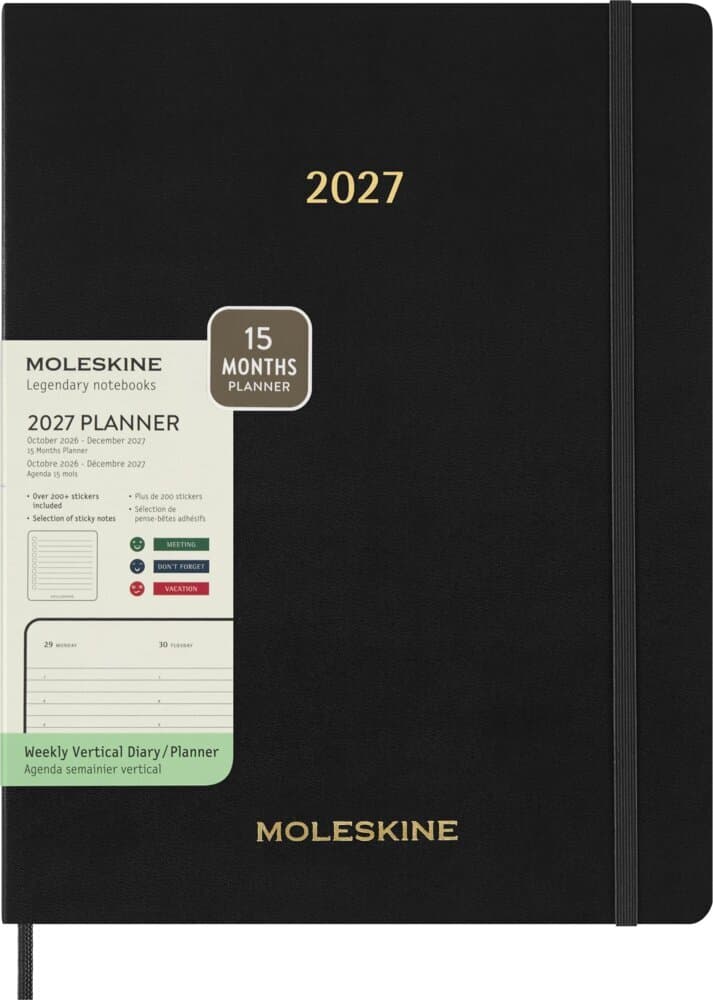 Moleskine 15 Monate Essential Wochenkalender 2026/2027, 1 Wo = 2 Seiten, vertikal, XXL, weicher Einband, Schwarz