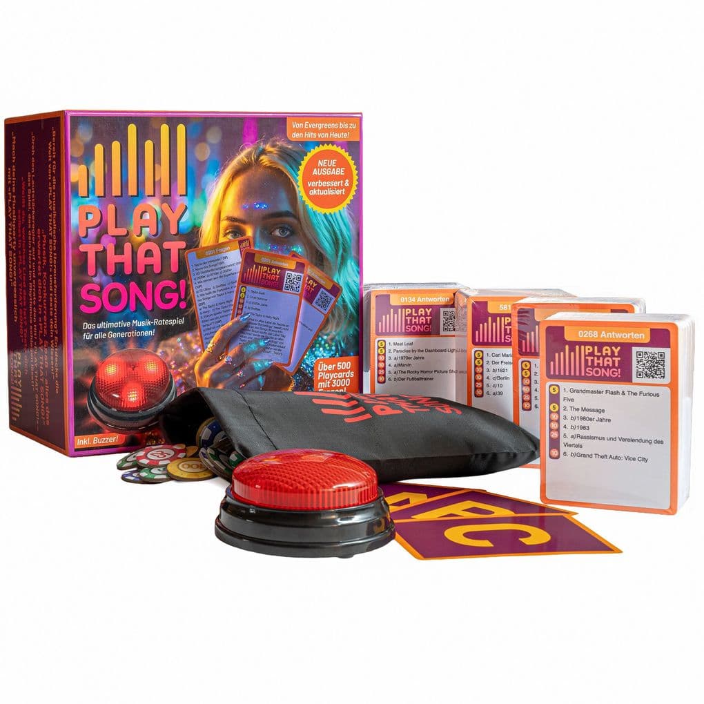 Play That Song - Musikpartyspiel German-Edition - 500 Spielkarten, 3000 Fragen - Musik Quiz Spiel mit Buzzer