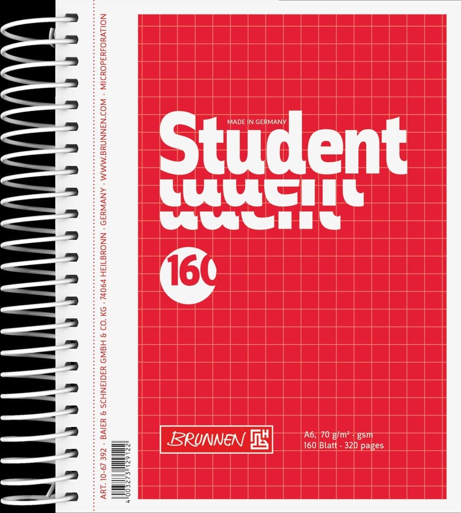 Brunnen Collegeblock Student A6, kariert, 160 Blatt, rot