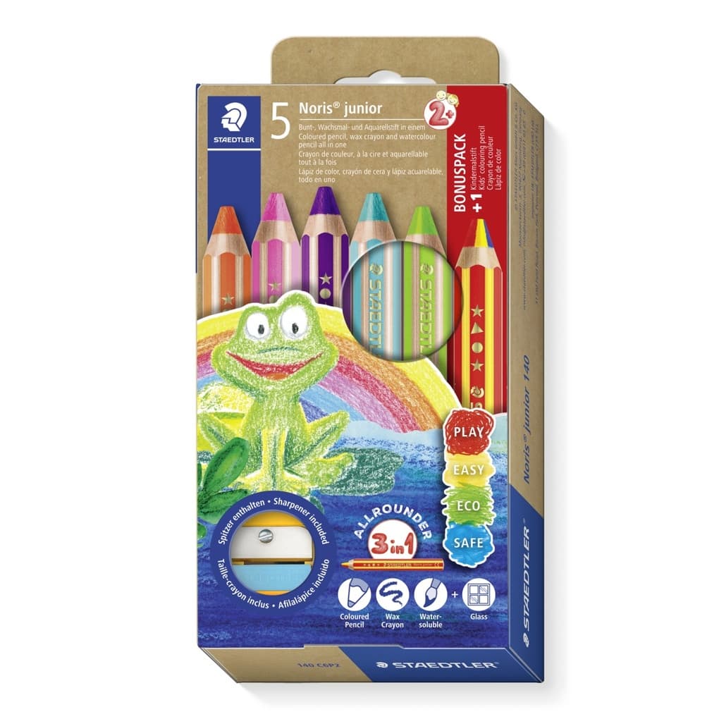 STAEDTLER Buntstifte Noris junior Set, 5er Set + 1 Regenbogenstift + 1 Spitzer
