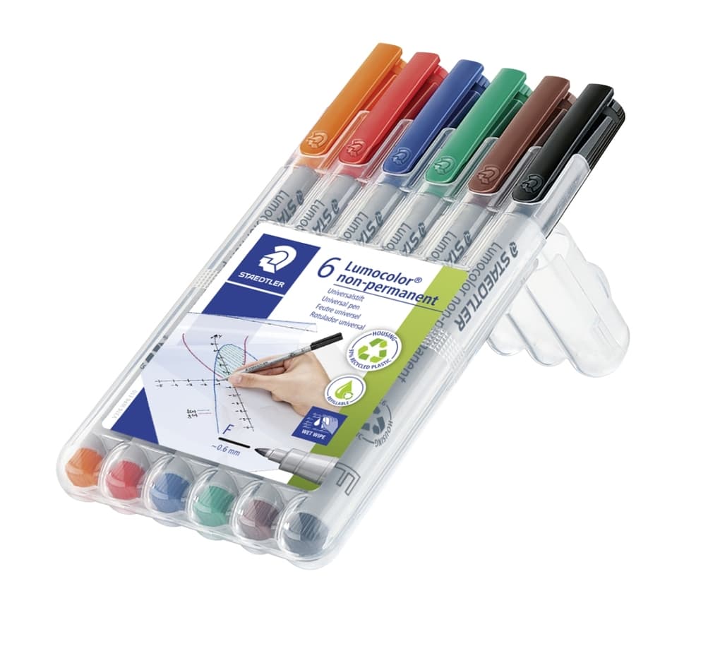 Lumocolor Folienstifte in Aufstellbox, wasserlöslich, 6 Stifte, Schriftstärke F
