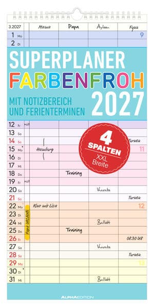 Superplaner Farbenfroh - 4 Spalten 2027