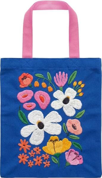 Bunte Blumengrüße Bestickter Stoffbeutel royalblau