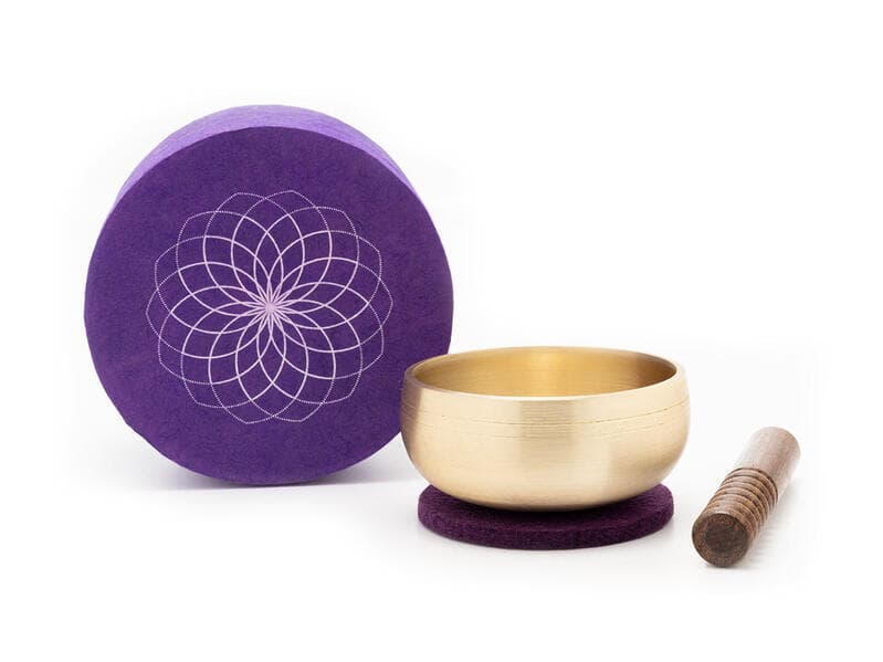 Gegossene Klangschale Durchmesser 8 cm lilafarbener Loktapapier Box mit Aufdruck und Inspirationsspruch 'Seele' Gr.S. 5195