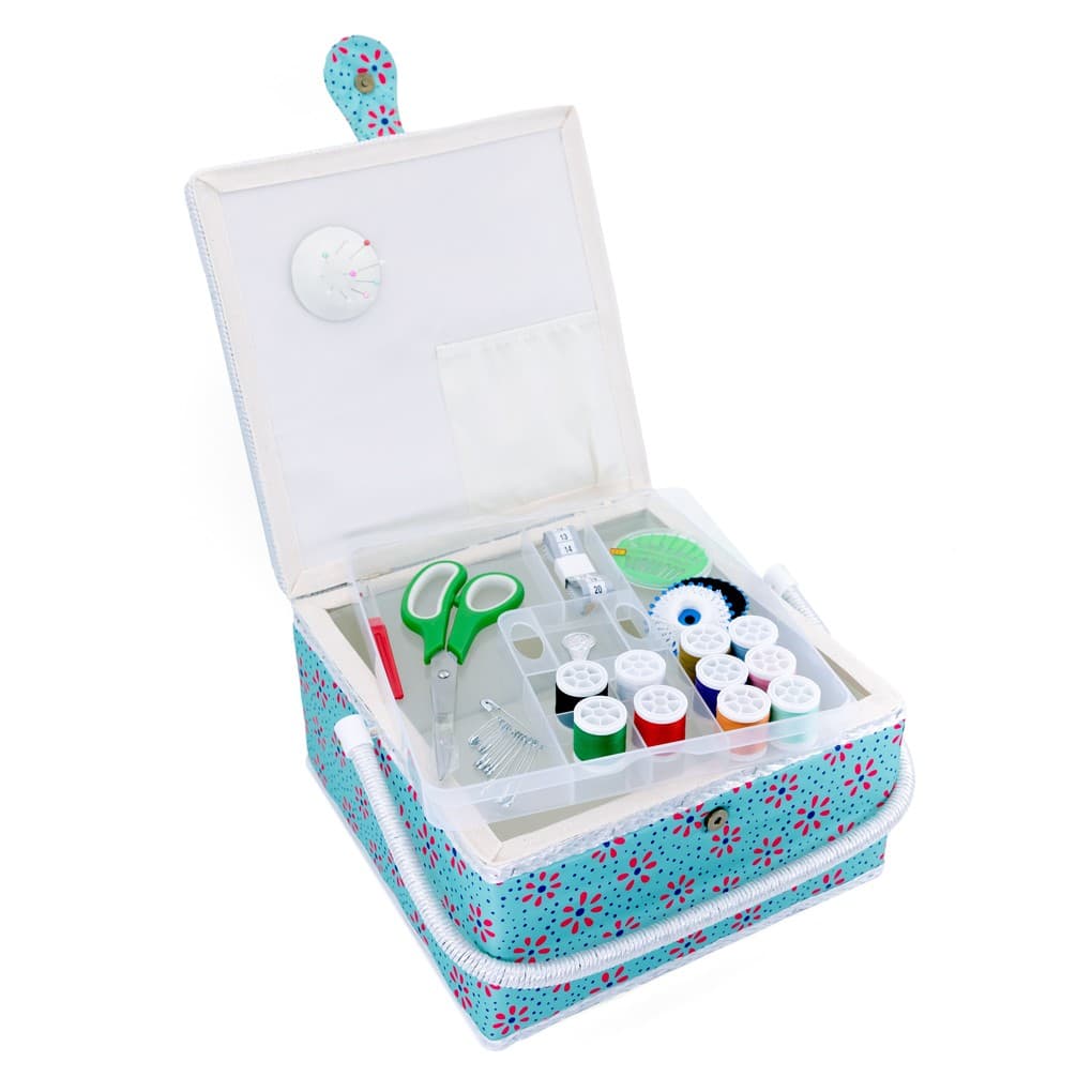 gründl Nähkorb mit Zubehör Komplettset: 10 Garnrollen, Nadeln, Schere & Nähset im Blumen-Design