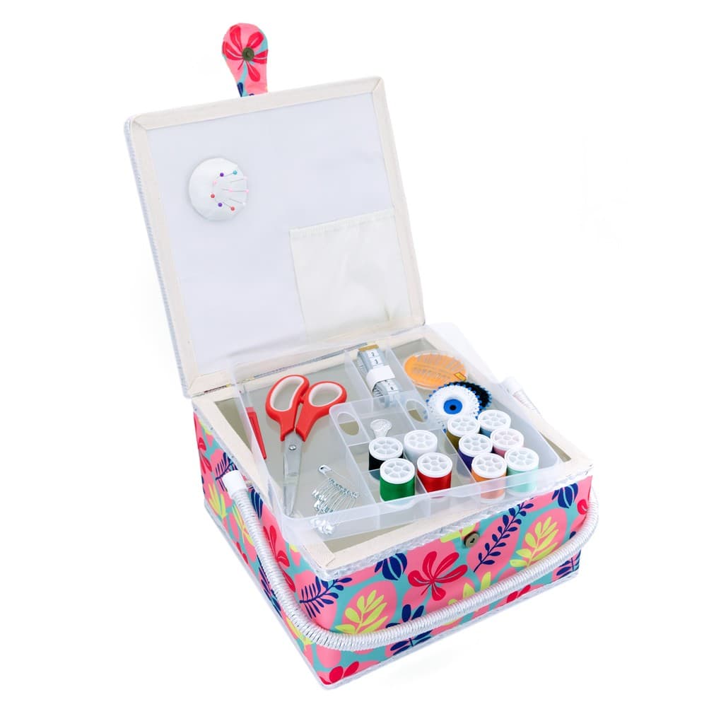 gründl Nähkorb mit Zubehör Komplettset: 10 Garnrollen, Nadeln, Schere & Nähset im Blüten-Design
