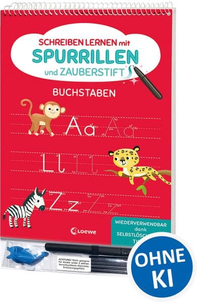 Schreiben lernen mit Spurrillen und Zauberstift - Buchstaben: Schreibblock mit vorgeprägten Linien für Vorschulkinder ab 5 Jahren - Wiederverwendbar dank selbstlöschender Tinte