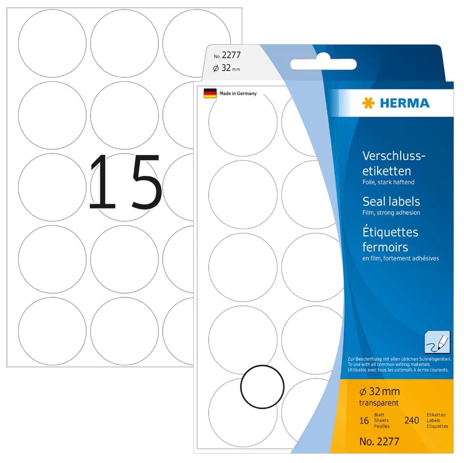 HERMA Verschlussetiketten Ø 32 mm, 240 Etiketten, 16 Blatt, rund, transparente Folie, extrem stark haftend, zur Handbeschriftung