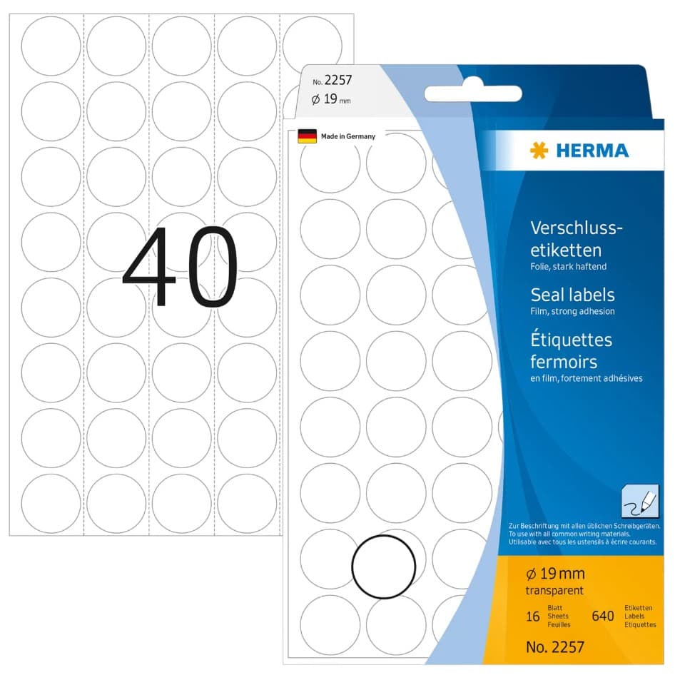 HERMA Verschlussetiketten Ø 19 mm, 640 Etiketten, 16 Blatt, rund, transparente Folie, extrem stark haftend, zur Handbeschriftung