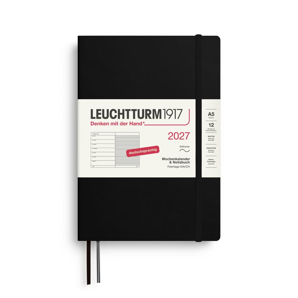 Wochenkalender und Notizbuch Medium (A5) 2027, Softcover, Schwarz, Deutsch