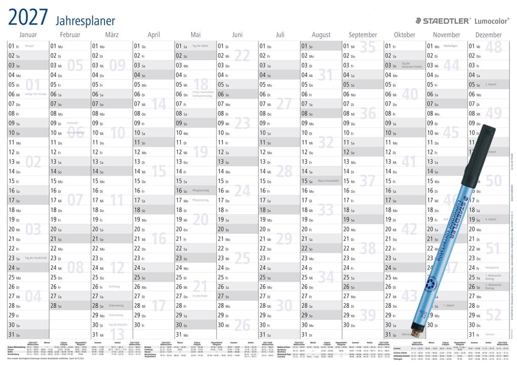 STAEDTLER Kalender Lumocolor Jahresplaner 2027, DIN A3