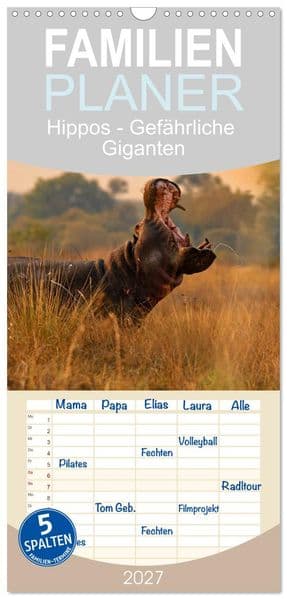 Familienplaner 2027 - Hippos - Gefährliche Giganten mit 5 Spalten (Wandkalender, 21 x 45 cm) CALVENDO