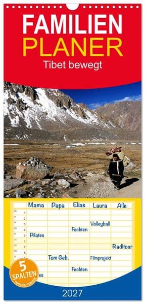 Familienplaner 2027 - Tibet bewegt mit 5 Spalten (Wandkalender, 21 x 45 cm) CALVENDO