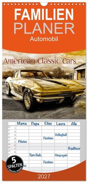 Familienplaner 2027 - American Classic Cars mit 5 Spalten (Wandkalender, 21 x 45 cm) CALVENDO