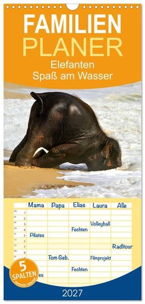 Familienplaner 2027 - Elefanten. Spaß am Wasser mit 5 Spalten (Wandkalender, 21 x 45 cm) CALVENDO