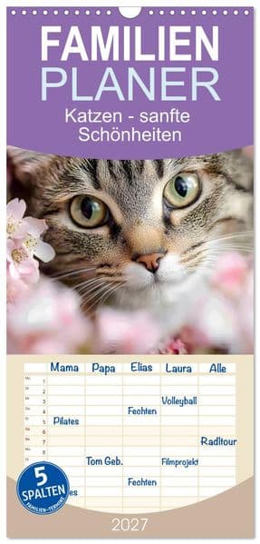 Familienplaner 2027 - Katzen - sanfte Schönheiten mit 5 Spalten (Wandkalender, 21 x 45 cm) CALVENDO