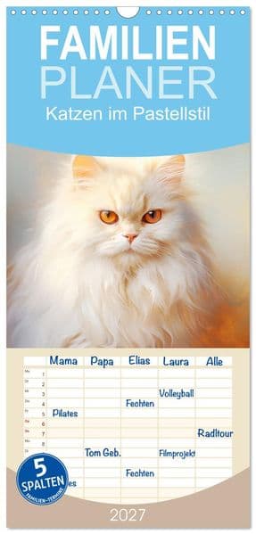 Familienplaner 2027 - Katzen im Pastellstil mit 5 Spalten (Wandkalender, 21 x 45 cm) CALVENDO