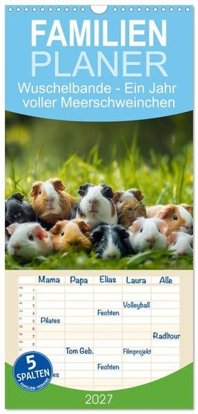 Familienplaner 2027 - Wuschelbande - Ein Jahr voller Meerschweinchen mit 5 Spalten (Wandkalender, 21 x 45 cm) CALVENDO