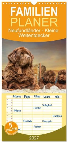 Familienplaner 2027 - Neufundländer - Kleine Weltentdecker mit 5 Spalten (Wandkalender, 21 x 45 cm) CALVENDO