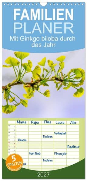 Familienplaner 2027 - Mit Ginkgo biloba durch das Jahr mit 5 Spalten (Wandkalender, 21 x 45 cm) CALVENDO