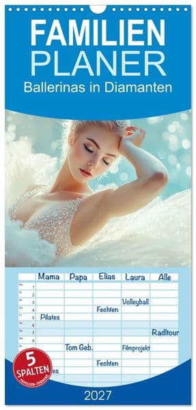 Familienplaner 2027 - Ballerinas in Diamanten mit 5 Spalten (Wandkalender, 21 x 45 cm) CALVENDO