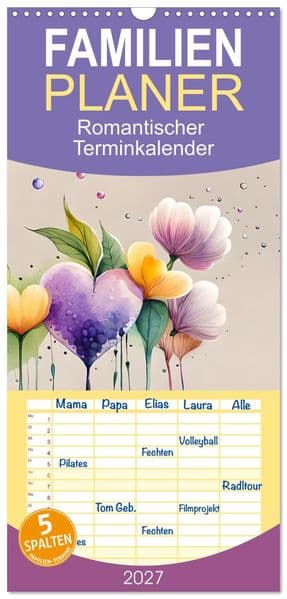 Familienplaner 2027 - Romantischer Terminkalender mit 5 Spalten (Wandkalender, 21 x 45 cm) CALVENDO