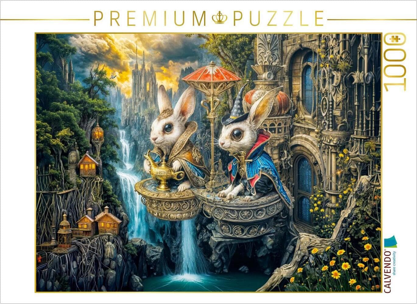 CALVENDO Puzzle Zwei Hasen auf Steampunk Podest mit Zauberhut | 1000 Teile Lege-Größe 64x48cm Foto-Puzzle für glückliche Stunden: Ein detailreiches Steampunk Puzzle mit zwei Hasen, die auf einem verzierten Podest sitzen, begleitet von Zauberhut und Wunderlampe vor einem magischen Wasserfall.