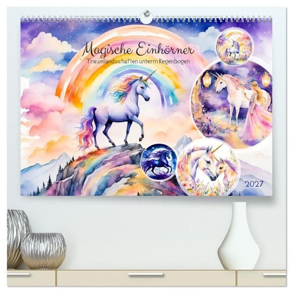 Magische Einhörner - Traumlandschaften unterm Regenbogen (hochwertiger Premium Wandkalender 2027 DIN A2 quer), Kunstdruck in Hochglanz
