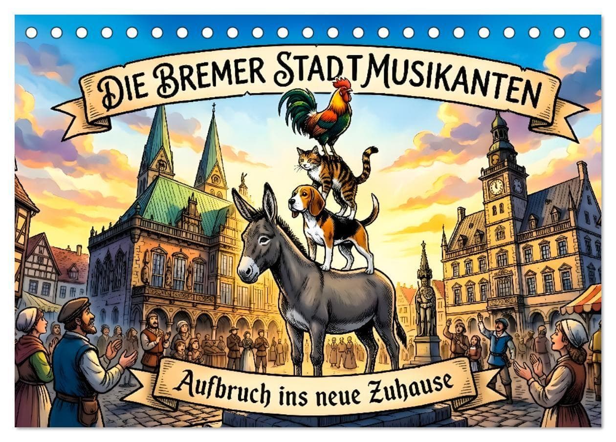 Die Bremer Stadtmusikanten - Aufbruch ins neue Zuhause (Tischkalender 2027 DIN A5 quer), CALVENDO Monatskalender