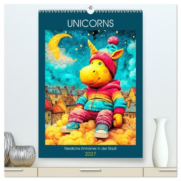 Unicorns. Niedliche Einhörner in der Stadt (hochwertiger Premium Wandkalender 2027 DIN A2 hoch), Kunstdruck in Hochglanz