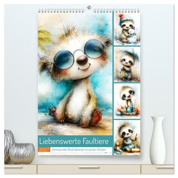 Liebenswerte Faultiere. Verträumte Illustrationen in zarten Farben (hochwertiger Premium Wandkalender 2027 DIN A2 hoch), Kunstdruck in Hochglanz