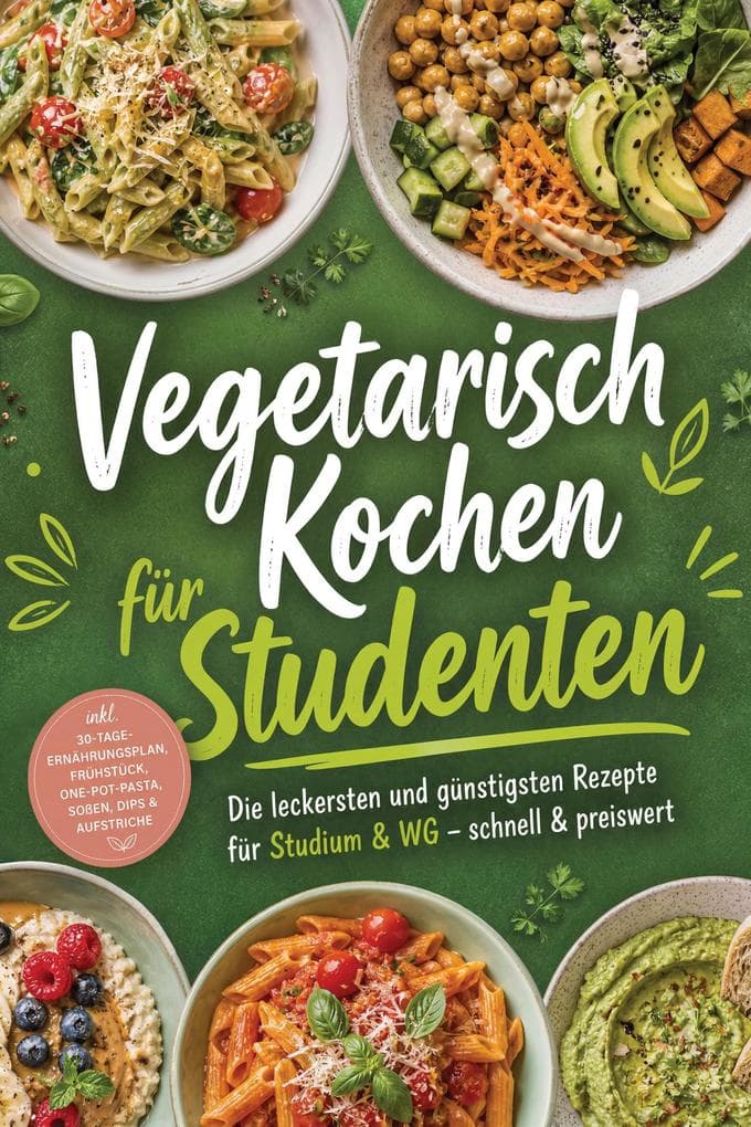 Vegetarisch Kochen für Studenten: Die leckersten und günstigsten Rezepte für Studium & WG - schnell & preiswert - inkl. 30-Tage-Ernährungsplan, Frühstück, One-Pot-Pasta, Soßen, Dips & Aufstriche