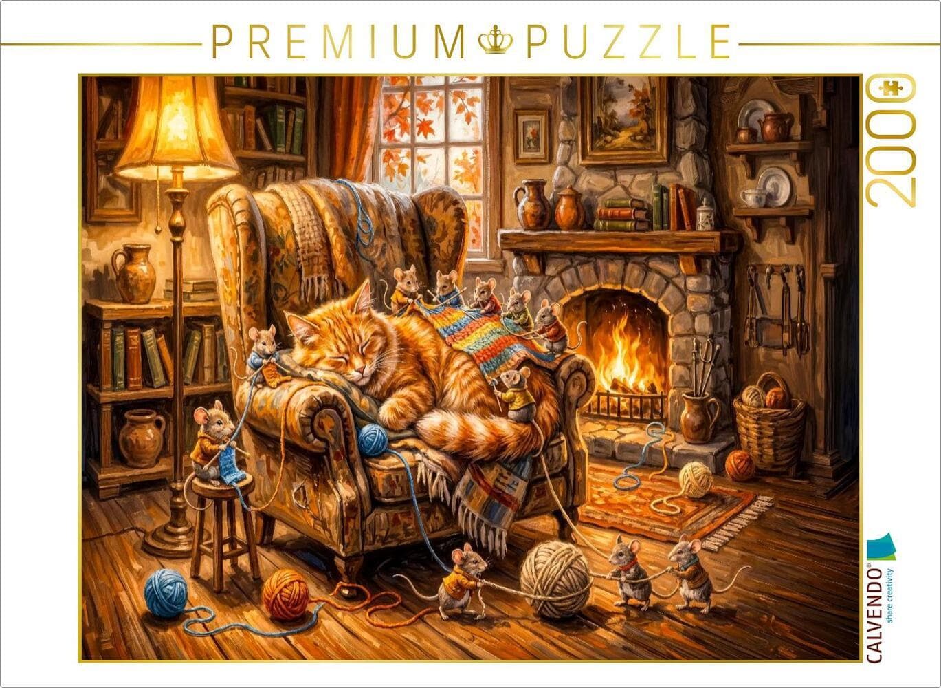 CALVENDO Puzzle Katze schläft im Ohrensessel während Mäuse eine warme Decke stricken | 2000 Teile Lege-Größe 90 × 67 cm Foto-Puzzle für glückliche Stunden