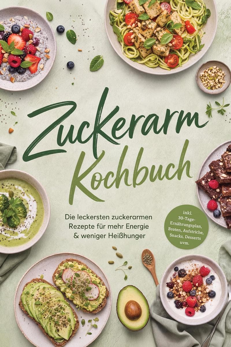 Zuckerarm Kochbuch: Die leckersten zuckerarmen Rezepte für mehr Energie & weniger Heißhunger - inkl. 30-Tage-Ernährungsplan, Broten, Aufstriche, Snacks, Desserts uvm.